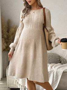 SHEIN 孕妇粗针织喇叭下摆毛衣裙 - 卡其色 - 查看 6