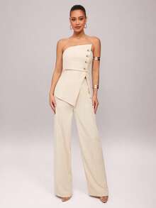 Silquee Women's Strapless Single-Breasted Metal Button Asymmetrical Hem Top And Wide-Leg Pants Fashion Party & Commute Suit - Beige - View 8