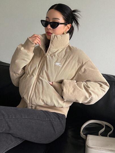 DAZY Letter Graphic Print Fitted Short Casual Street Style Padded Coat For Women, Autumn/Winter Jacket