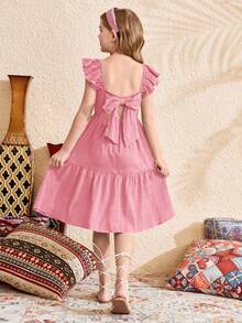 SHEIN Tween Girls' Ruffle Sleeve Bow Back Square Neck Textured Midi Dress - Baby Pink - View 5