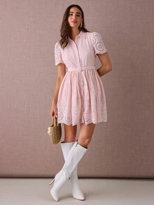 Enchnt Fall/Winter Romantic Women's Pastel Pink Floral Hollow Embroidered Short Sleeve Shirt Mini Dress With Belt,Sweet&Elegant For Vacation&Date&Holiday&Birthday&Party&Graduation&Wedding Guest&Office&Going Out&Halloween&Christmas,Autumn Dresses For Women,Fall Clothes For Women,Autumn Outfits For Women,Back To School - Pink - View 3