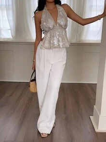 SHEIN Frenchy Áo hở lưng gợi cảm đính sequin dành cho nữ, thích hợp cho kỳ nghỉ nhiệt đới, lễ hội, bãi biển, phong cách boho, dễ thương, công sở, đi làm, màu mơ thanh lịch, đi chơi. - Màu be - Xem 4