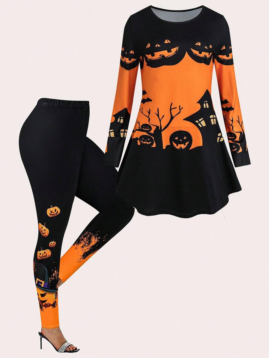 SHEIN LUNE 万圣节南瓜印花长袖上衣和紧身裤套装，女装 - 黑色 - 查看 1