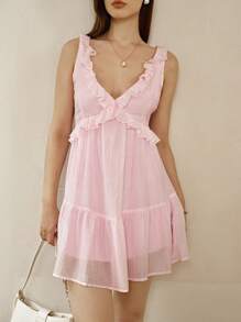 Cévolie 女式V领荷叶边下摆无袖优雅连衣裙 - 淺粉色 - 查看 6