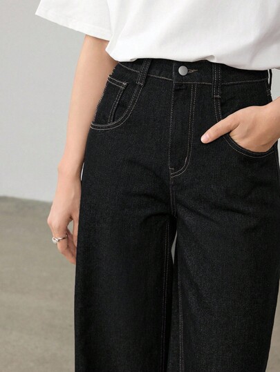Dazy-Less 秋冬寬鬆商務休閒辦公室工作復古水洗素色直筒休閒長褲女款牛仔褲