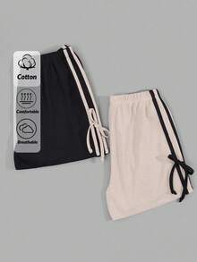 SHEIN Cottnline Women 2 Packs Waflle With Contrast Colour Side Stripe With Bow Detail Homwear Lounge Shorts Set - Multicolor - View 1