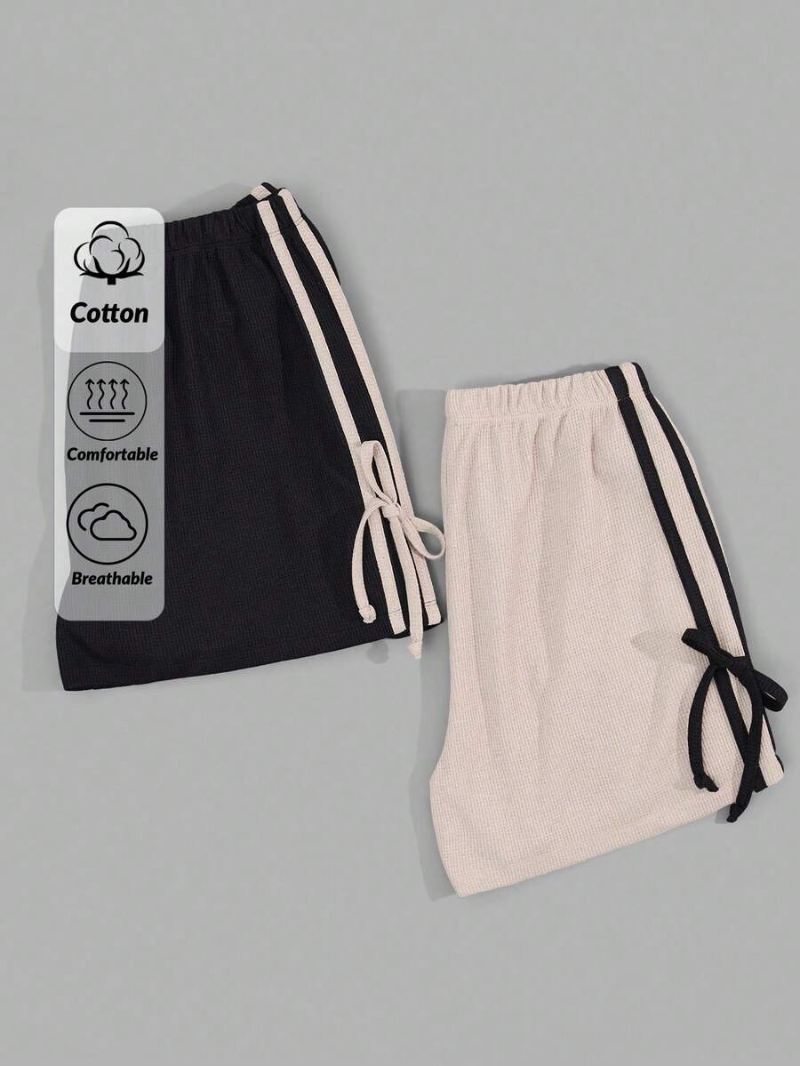 SHEIN Cottnline Women 2 Packs Waflle With Contrast Colour Side Stripe With Bow Detail Homwear Lounge Shorts Set - Multicolor - View 1