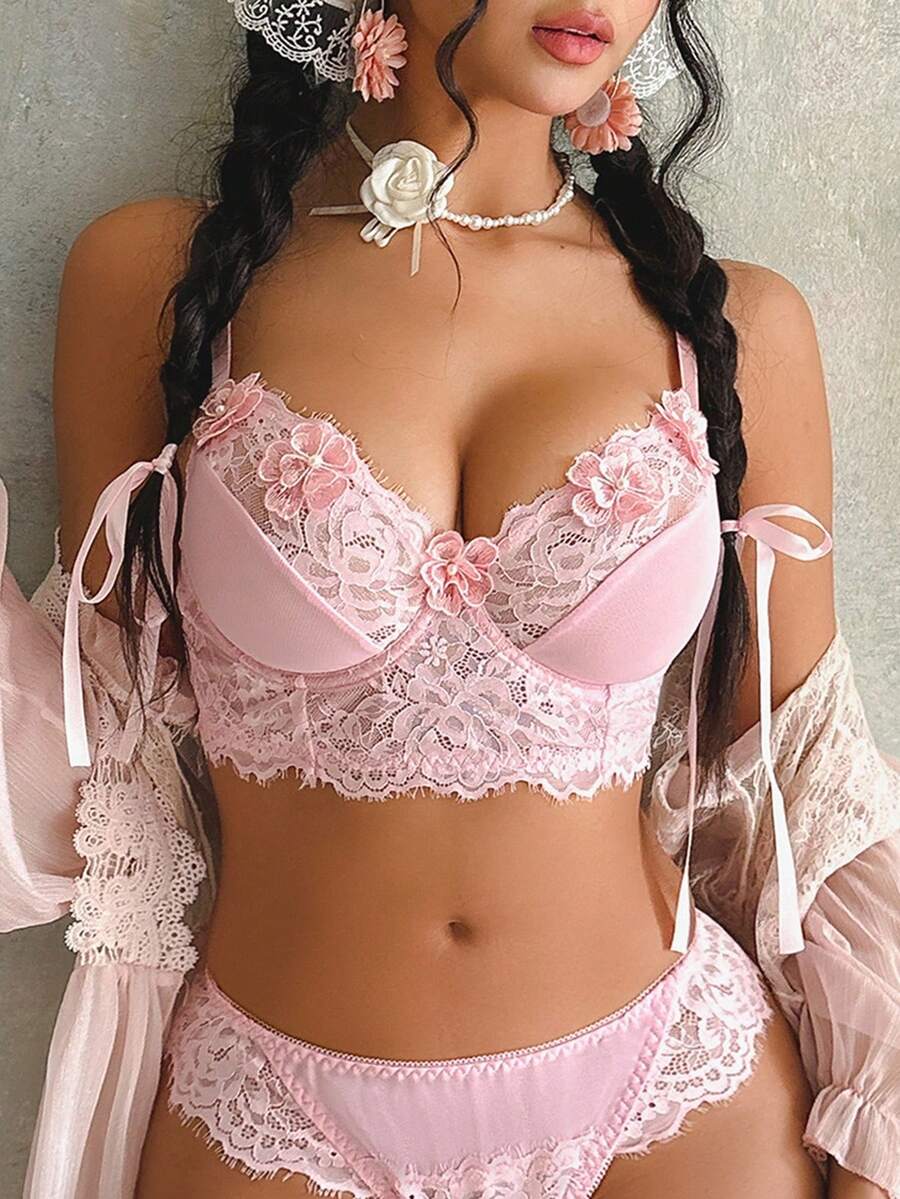 SHEIN 蕾丝拼接女士钢圈文胸 - 粉色 - 查看 1