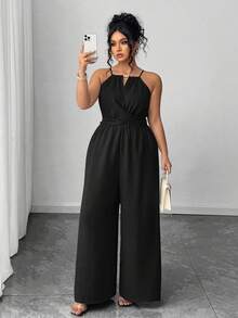 Rometta Plus Size Women's Casual Pleated Fabric Spaghetti Strap Beaded Waist Button & Bowknot Design Black Jumpsuit, Suitable For Spring/Summer, Back To School, Graduation, Valentine's Day, Music Festival, Mother's Day, Halloween, Thanksgiving, Easter, National Day, Prom, Date Party, Wedding, Outdoor Trips