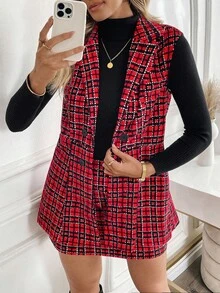 SHEIN LUNE Women's Plus Size Plaid Pattern Vest + A-Line Midi Skirt 2 Pieces Set, Elegant For Daily Commute - Red - View 6