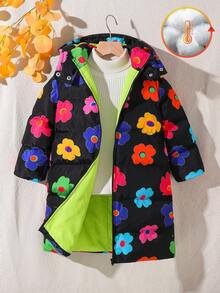 Emery Rose Kids Emery Rose Kids Young Girl Ditsy Floral Hooded Padded Coat Fall Winter - Black - View 4