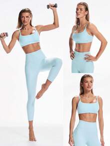 GLOWMODE Sujetador deportivo sin espalda con tecnología de ajuste en 4 direcciones, elástico y suave, con copas extraíbles, para yoga y uso diario - Azul Agua - Ver 9