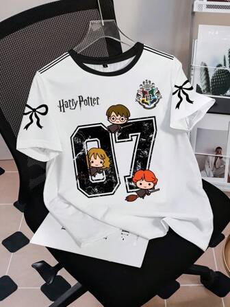 HARRY POTTER X SHEIN Women's Casual Fashion Street Sporty Collegiate Style Funny Cartoon Character & Number Bow Print Contrast Striped Shoulder Short Sleeve T-Shirt, Summer