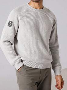 EURMUSE Men Stripe Knitted Raglan Sleeve Patched Regular Sweater - Grey - View 1