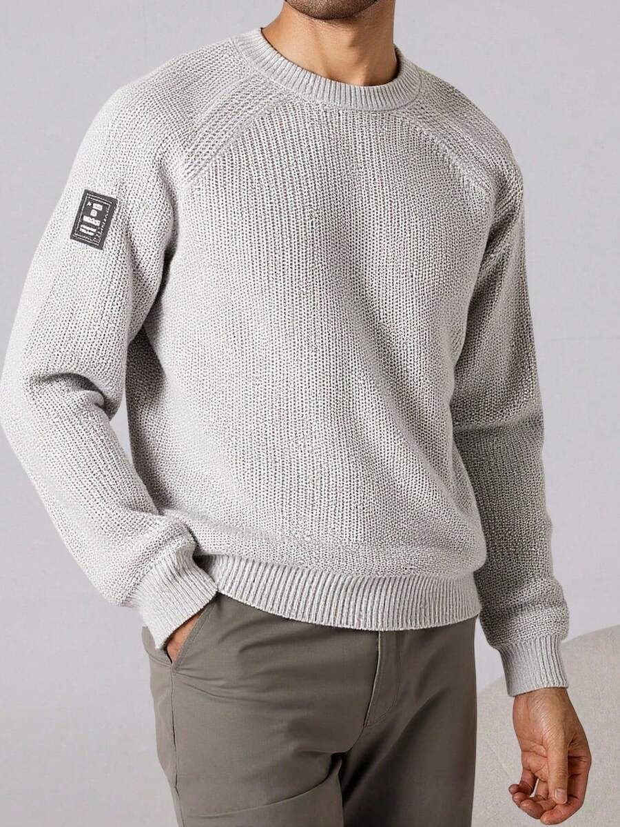 EURMUSE Men Stripe Knitted Raglan Sleeve Patched Regular Sweater - Grey - View 1
