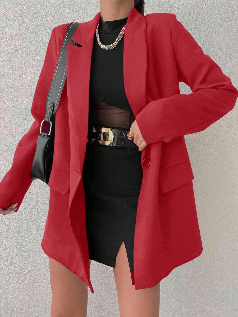EURMUSE Flap-Pocket Long Sleeve Blazer - Burgundy - View 1