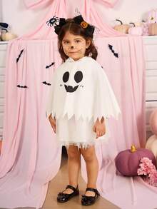 Baby Girl Halloween Cute Expression Print Mesh Patchwork Hooded Dress - White - View 4