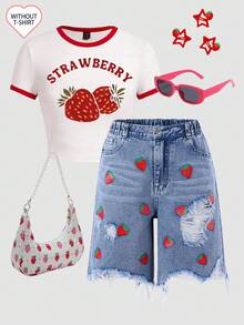 少女休闲舒适百搭户外度假牛仔短裤，松紧腰带拉链口袋，草莓印花，不对称剪裁，猫须饰边