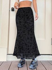 SHEIN EZwear 优雅通勤花卉植绒网眼鱼尾裙 - 黑色 - 查看 8