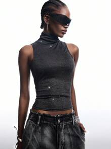 LYSMO 2025 New Arrive Minimalism Fall Women's Fashionable Sexy Shiny Mesh High Neck Camisole For Back To School, Homecoming, 2000s Style, Y2K Clothes Women, Streetwear ,Halloween Costume Women  Grunge And Gothic Clothes - Black - View 3