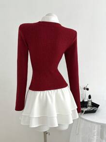 SHEIN Unity Váy ngắn tay dài cổ bèo nhún đôi thời trang ngoài trời cho nữ, thu/đông, chất liệu vải gân mềm mại, màu tương phản, thích hợp mặc ngoài trời khi trở lại trường - Nhiều màu - Xem 2