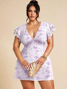 SHEIN BAE 大码女士优雅印花修身V领荷叶袖连衣裙，适合日常穿着、外出、约会、下午茶、度假、春夏、返校季等场合。 - 淡紫色 - 查看 1