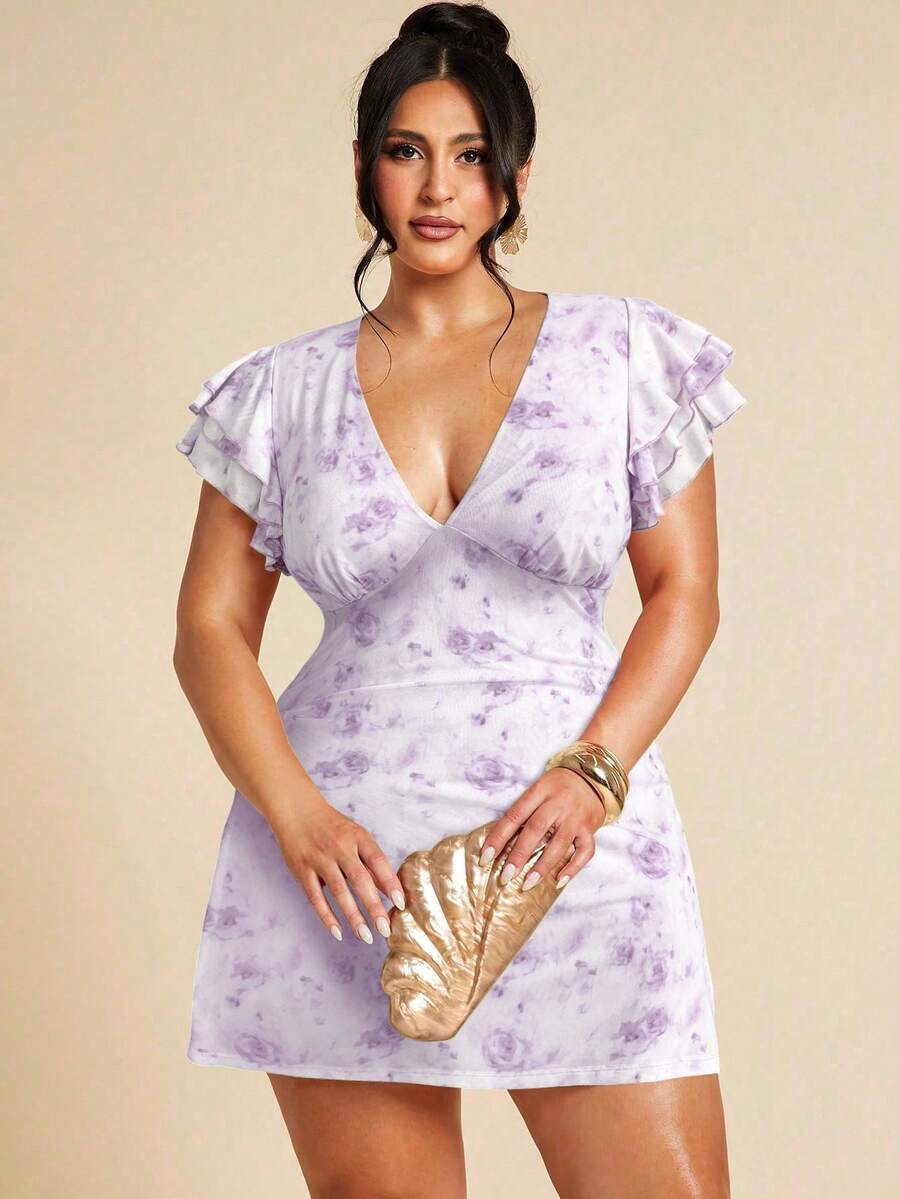 SHEIN BAE 大码女士优雅印花修身V领荷叶袖连衣裙，适合日常穿着、外出、约会、下午茶、度假、春夏、返校季等场合。 - 淡紫色 - 查看 1