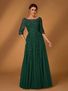 Serin 浪漫优雅圆领七分袖蕾丝撞色网纱A字下摆奢华贴花连衣裙，适合晚宴、约会、舞会、单身派对、音乐节、婚礼、新娘母亲、情人节等场合。 - 墨綠色 - 查看 3