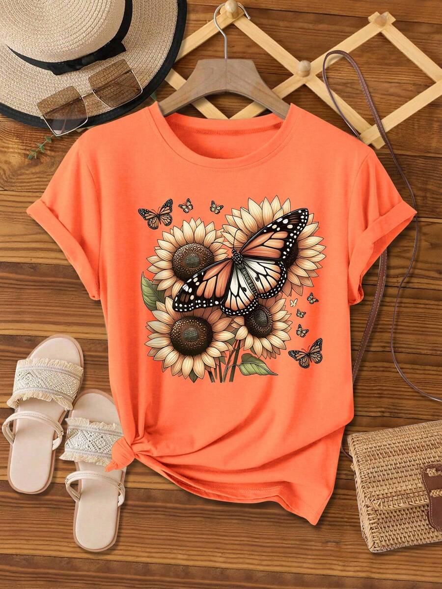 SHEIN LUNE Große Größen kreative Sonnenblumen Schmetterling Bügelbild Lässig Kurzarm T-Shirt Grafik Tops für Frauen