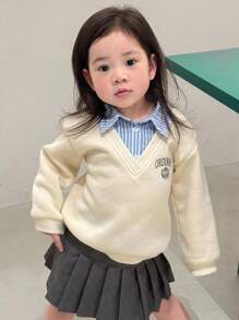 DAZY 女婴韩版条纹撞色长袖卫衣，秋冬季幼儿女童服装 - 杏色 - 查看 4