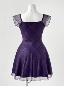 Sweetra Đầm midi tay lửng họa tiết kẻ caro cổ chữ V cỡ lớn mùa hè, buộc eo - Nhiều màu - Xem 2