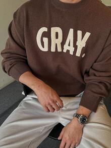 DAZY 男士字母刺绣棕色毛衣，秋季 - 棕色 - 查看 6