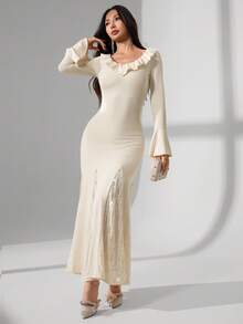 Modelyn Vestido elegante de mujer con hombros descubiertos, volantes, mangas acampanadas, parches y cola de pez en unicolor - Albaricoque - Ver 4