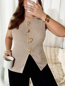Auralis Plus Size Women's Autumn/Winter New French Commuter Business Casual Elegant Office Wear, Work Clothes, Home Metal Starfish Decorated Ribbed Round Neck Casual Vest, Fall Going Out Top, Khaki Vest