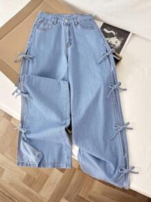 Comfortcana Casual Washed Bowknot Decor Side Slit Jeans Y2k - Light Wash - View 3