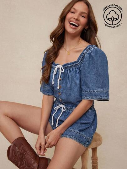 WESTFADE 方领系带前垂腰半袖宽松棉混纺牛仔连体衣乡村西部牛仔女装