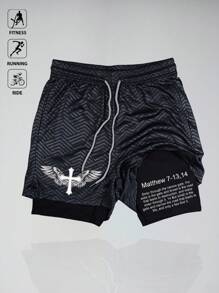 Manfinity Sport Corelite Pantalones cortos deportivos con estampado de lema de ala y cruz para hombres - Negro - Ver 1