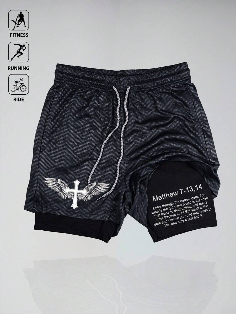 Manfinity Sport Corelite Pantalones cortos deportivos con estampado de lema de ala y cruz para hombres - Negro - Ver 1