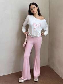 Bộ 2 áo nỉ cho bé gái tuổi teen, thiết kế mới - Áo nỉ chui đầu hở vai màu trắng thêu nơ màu hồng, quần ống loe màu hồng, ôm sát & thường ngày, nơ thêu, quần áo trở lại trường - Nhiều màu - Xem 6