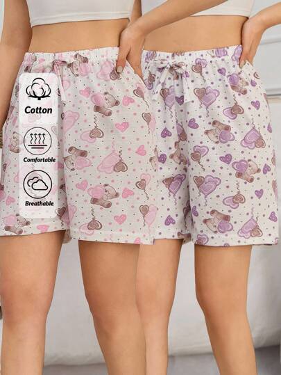 EURMUSE 2-pack söta björnmönster med fuskdragskodetaljer för kvinnor - set med loungeshorts
