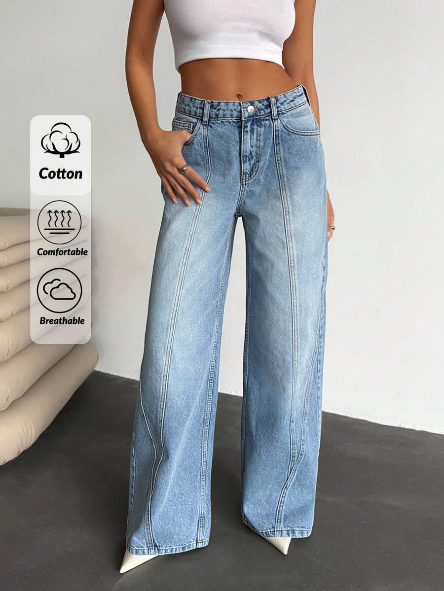 RueChic 女士低腰阔腿蓝色牛仔裤 日常休闲 - 中等水洗藍 - 查看 1