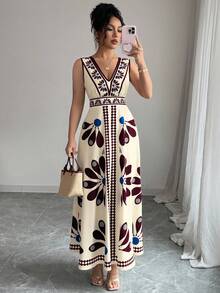 Elenzga 女士度假花卉印花无袖V领连衣裙 - 酒紅色 - 查看 1