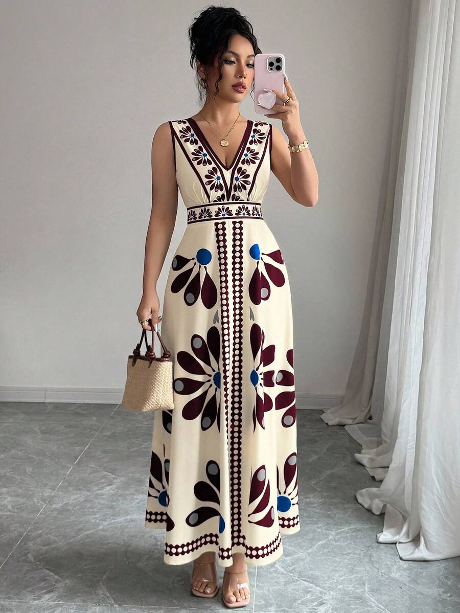 Elenzga 女士度假花卉印花无袖V领连衣裙 - 酒紅色 - 查看 1