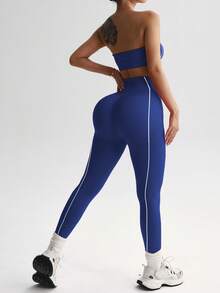 Slayform 女士无缝粉色条纹运动套装、短款上衣和紧身裤 - 藍色 - 查看 5