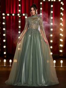 Glamrae 优雅奢华串珠亮片花卉网眼泡泡袖长裙，适合婚礼、派对、度假、舞会、晚礼服（重饰） - 灰色 - 查看 7