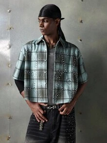 NEON BLANC Men's Short Sleeve Casual Blue Plaid Rhinestone Embellished Shirt, Suitable For Halloween - Blue - View 2