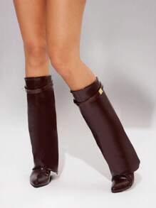 Solezae Women's Knee High Fold Over Pointy Toe High Heel Wedged Boots - Chocolate Brown - View 2