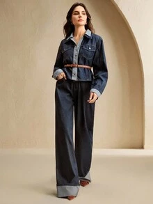 Anewsta 女式蓝色美式拼布修身牛仔裤 - 藍色 - 查看 4