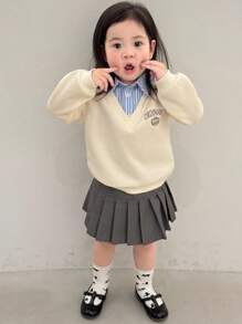 DAZY 女婴韩版条纹撞色长袖卫衣，秋冬季幼儿女童服装 - 杏色 - 查看 2