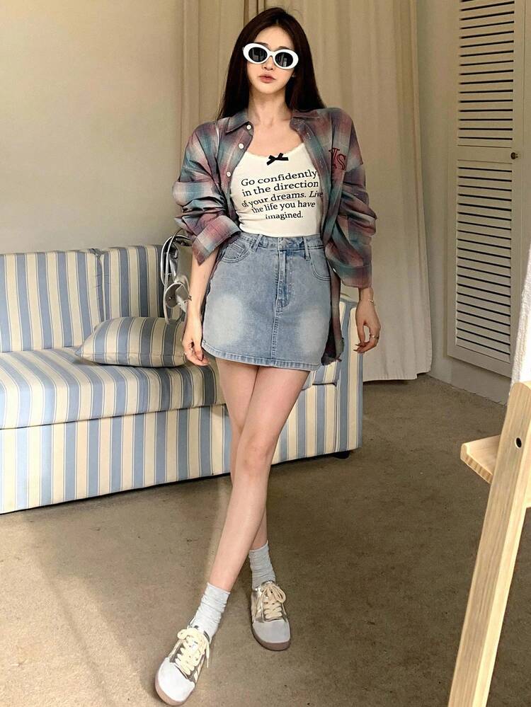 Women's Fashion Casual Everyday Versatile Denim Skort With Pockets